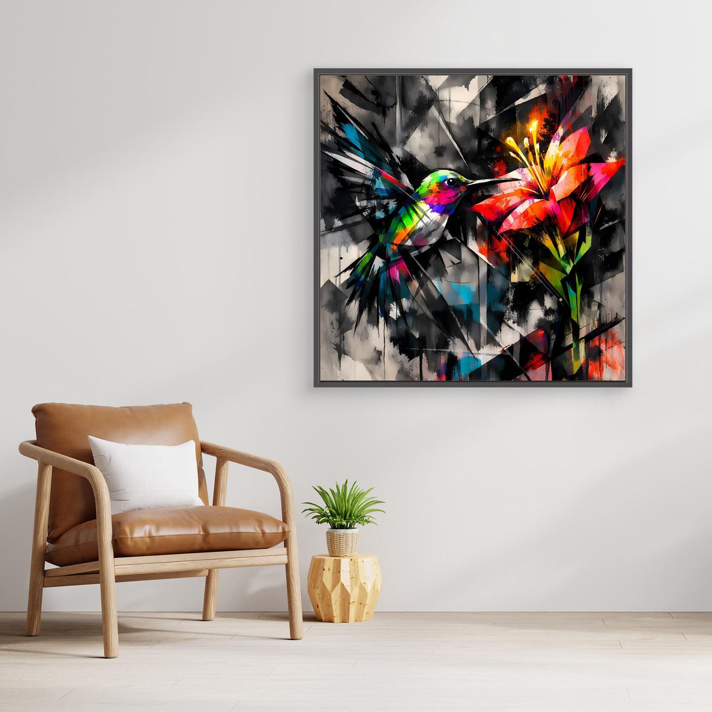 Leinwandbild Farbintensiver Kolibri | Abstraktes Geometrisches Wandbild auf Keilrahmen