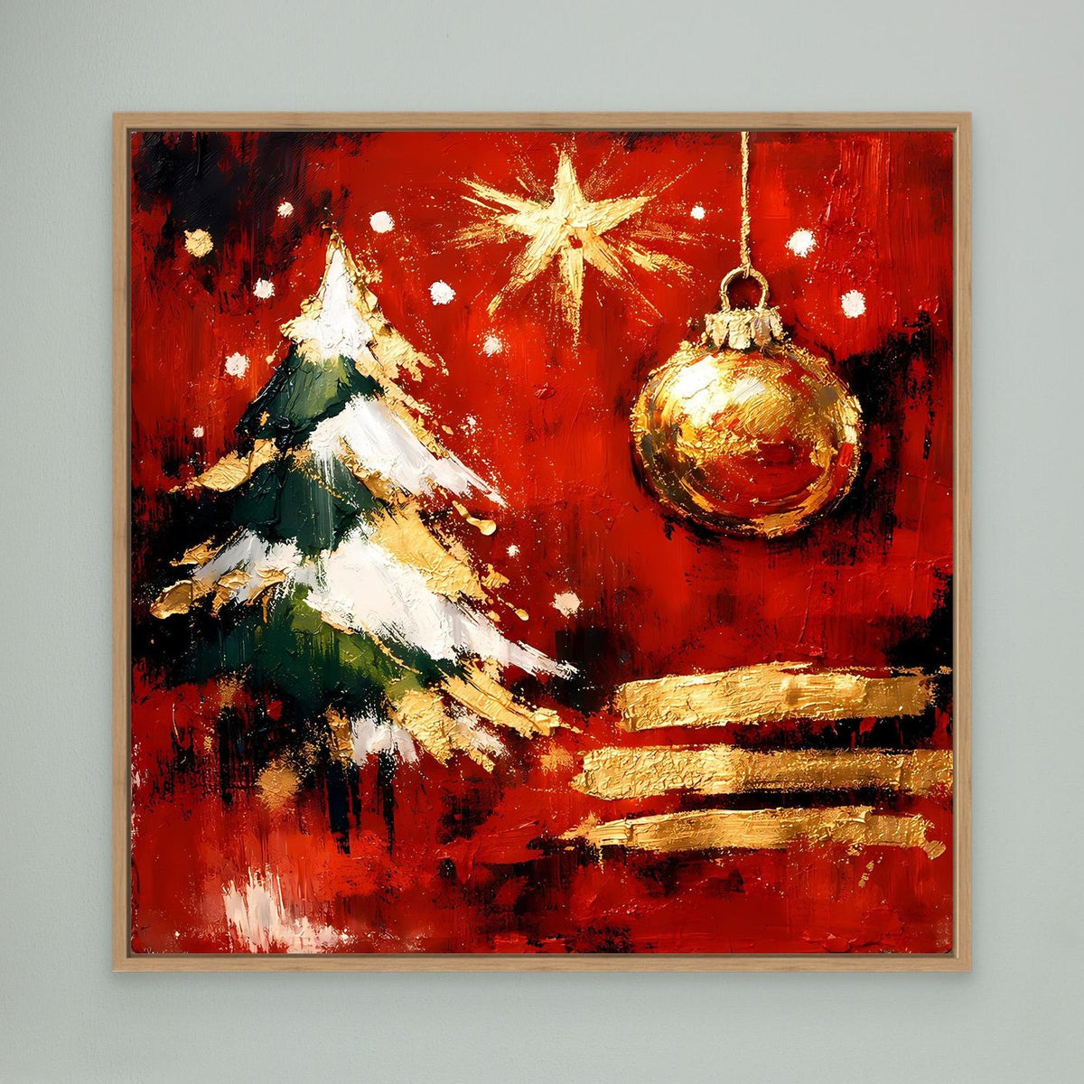 Weihnachts-Wandbild mit hellem Holzrahmen, rote Abstraktion: goldener Baum, goldene Kugel und Stern