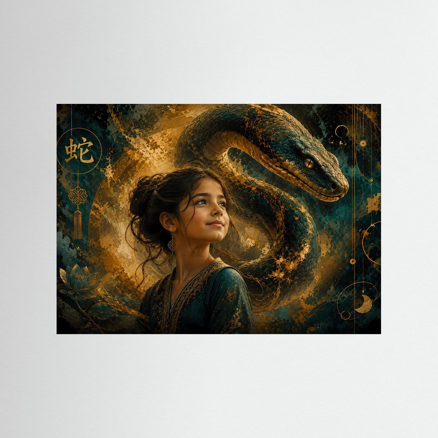 Gerahmtes Fantasy-Poster: Frau mit Schlange, dunkelgrün und Gold, Querformat.
