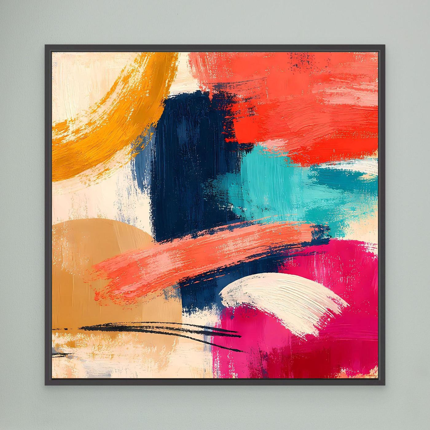 Abstraktes Leinwand-Wandbild mit Pinselstrichen in Rot, Blau, Türkis, Rosa und Gelb, schwarz gerahmt