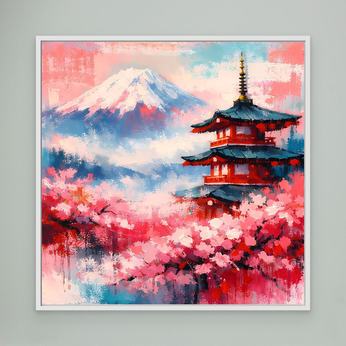 Gerahmtes Leinwandbild: Mount Fuji, Pagode und Kirschblüten im weißen Rahmen
