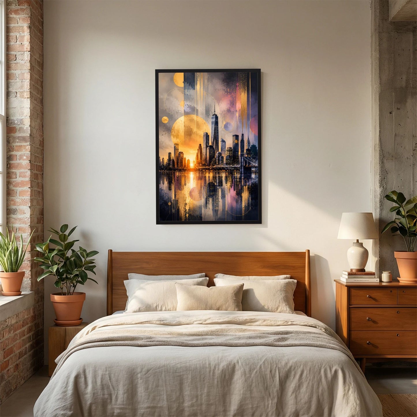 Hochformat-Poster in schwarzem Rahmen mit abstrakter Stadtansicht, Gold-Orange im Farbverlauf