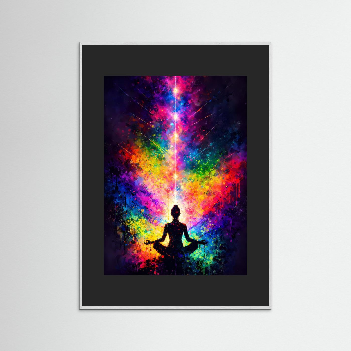 Meditations-Wandbild im schwarzen Rahmen mit buntem Kosmos und Meditationssilhouette