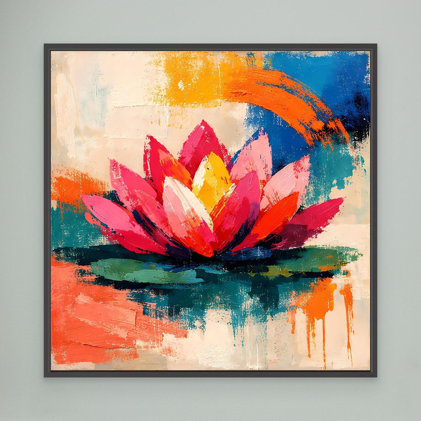 Black-framed abstract lotus wall art with pink petals, yellow center, and orange, blue, green paint