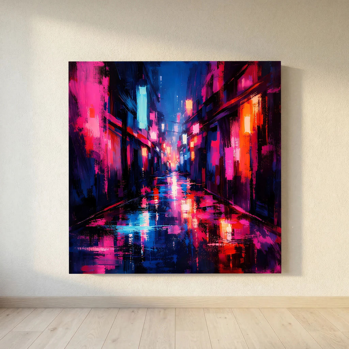 Neon-Wandbild Cyberpunk-Gasse im Regen, magenta-blau-orange, schwarzer Rahmen