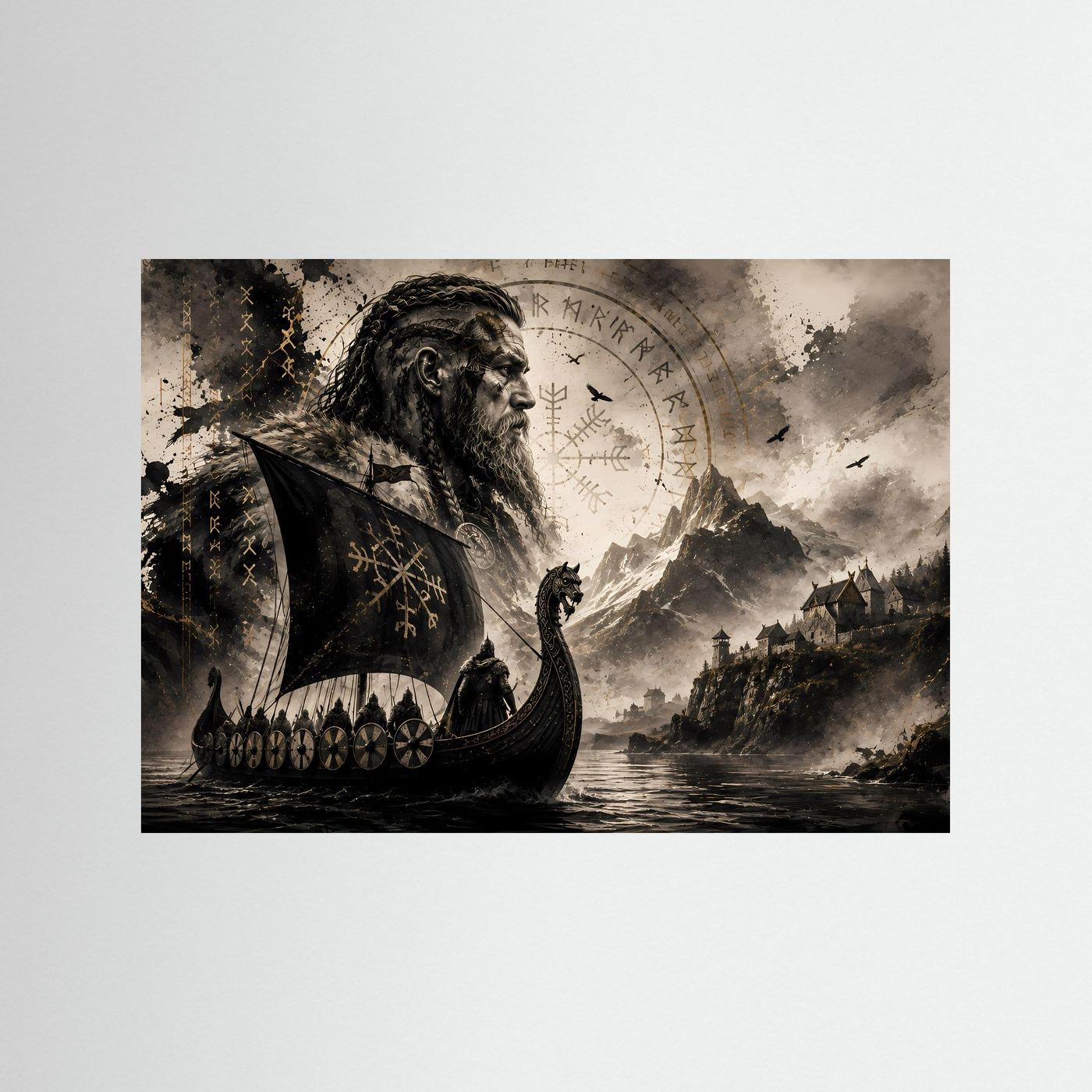 Wikinger auf Drachenboot vor nordischer Berglandschaft | Mystische Wikingerkunst mit Runen, Kriegern & Raben in Schwarz, Gold und Sepia