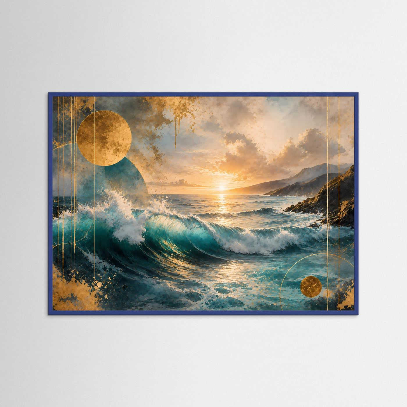 Poster Querformat mit abstrakten Wellen in Türkis und Blau, goldener Sonne am Horizont