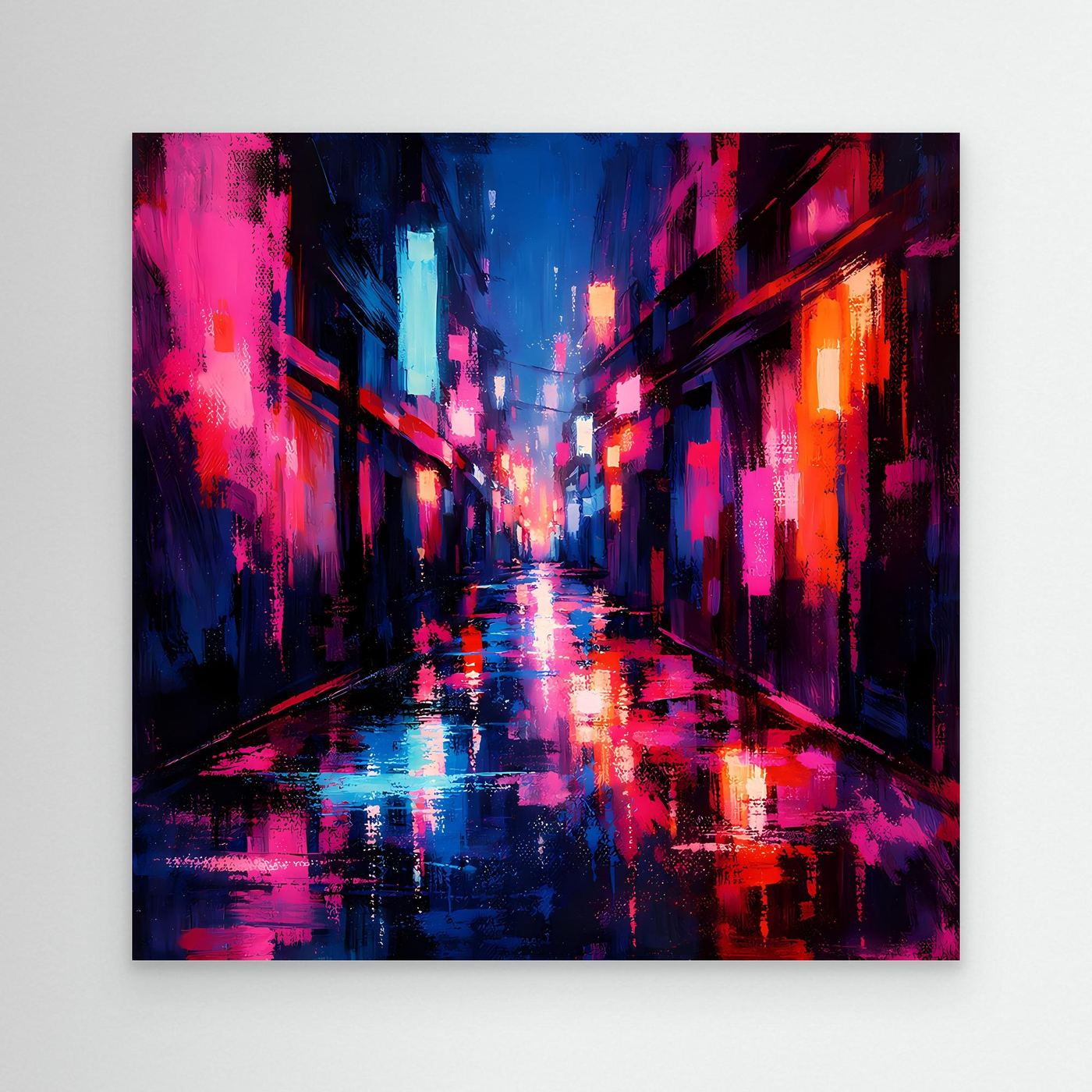 Leinwand Cyberpunk Nachtgasse im Regen | Modernes Neon Wandbild