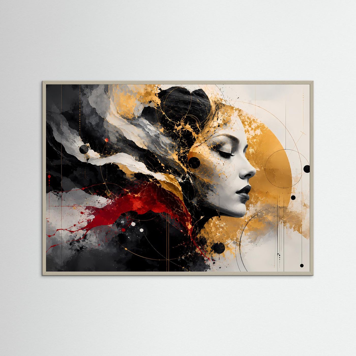 Abstraktes Frauenporträt Poster | Schwarz Gold Rot Wandkunst | Modernes Gesicht Kunst | Elegante Leinwand | Luxus Wall Art