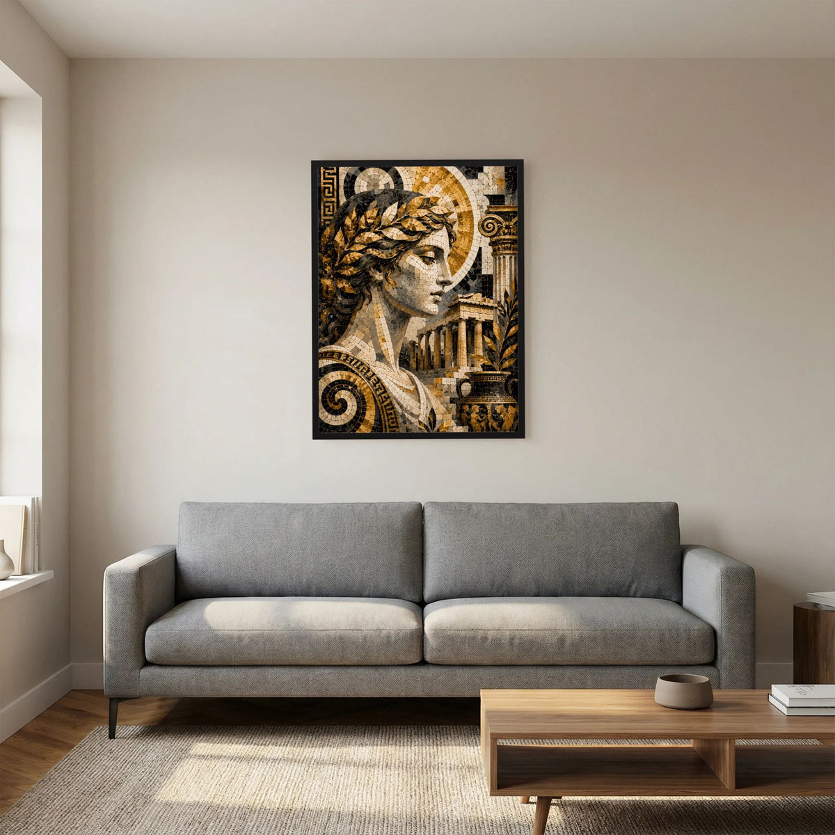 Wandposter mit antiker Mosaik-Göttin in Gold und Schwarz, quadratischer Rahmen