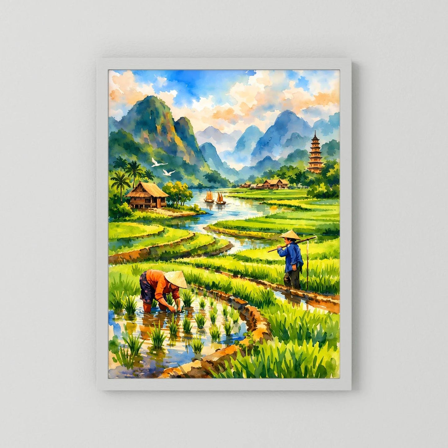 Hochformatiges Poster mit Reisfeldern, Pagode und Bauern am Bach, weißer Rahmen