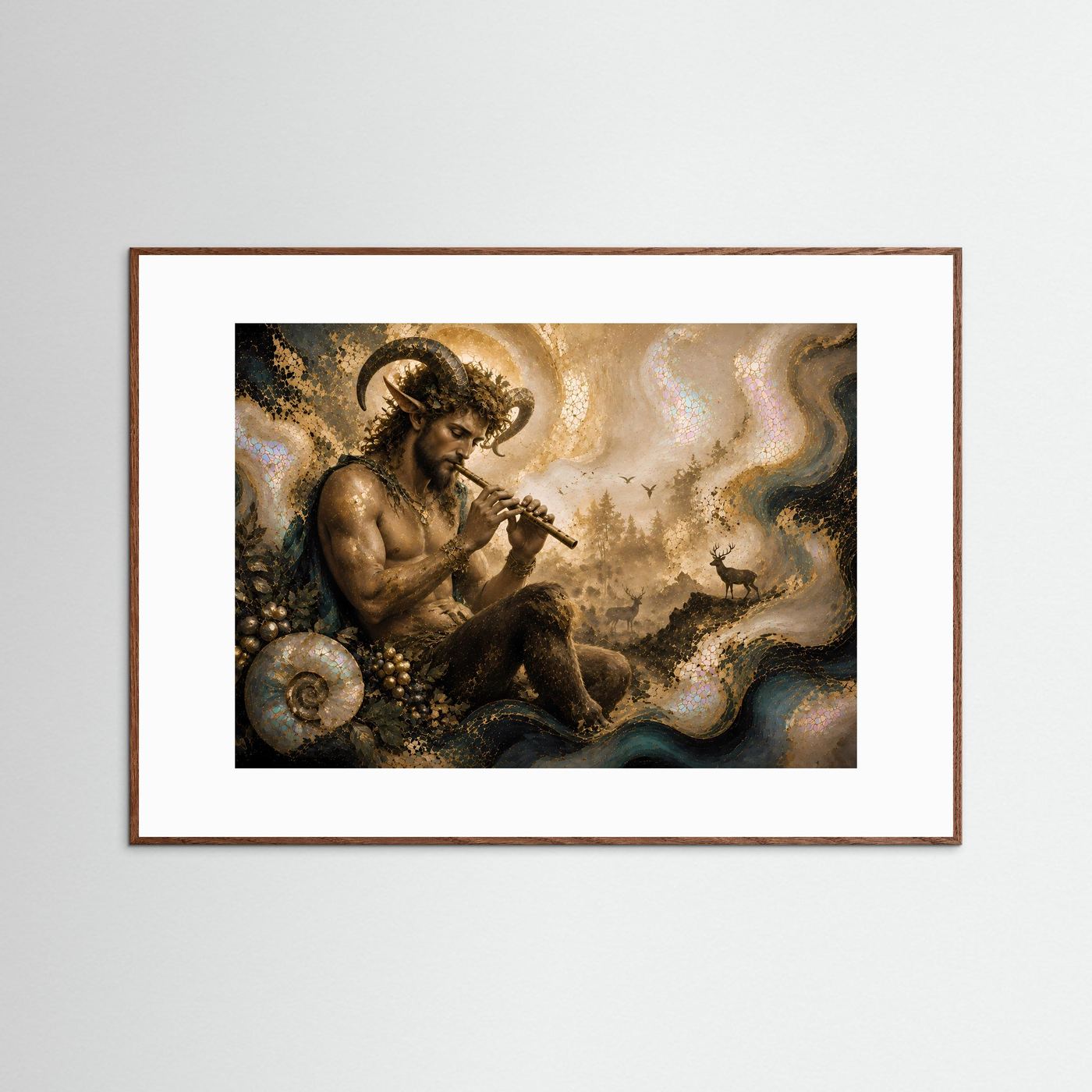 Pan mit Flöte im mystischen Wald | Griechische Mythologie Kunst in Gold & Perlmutt