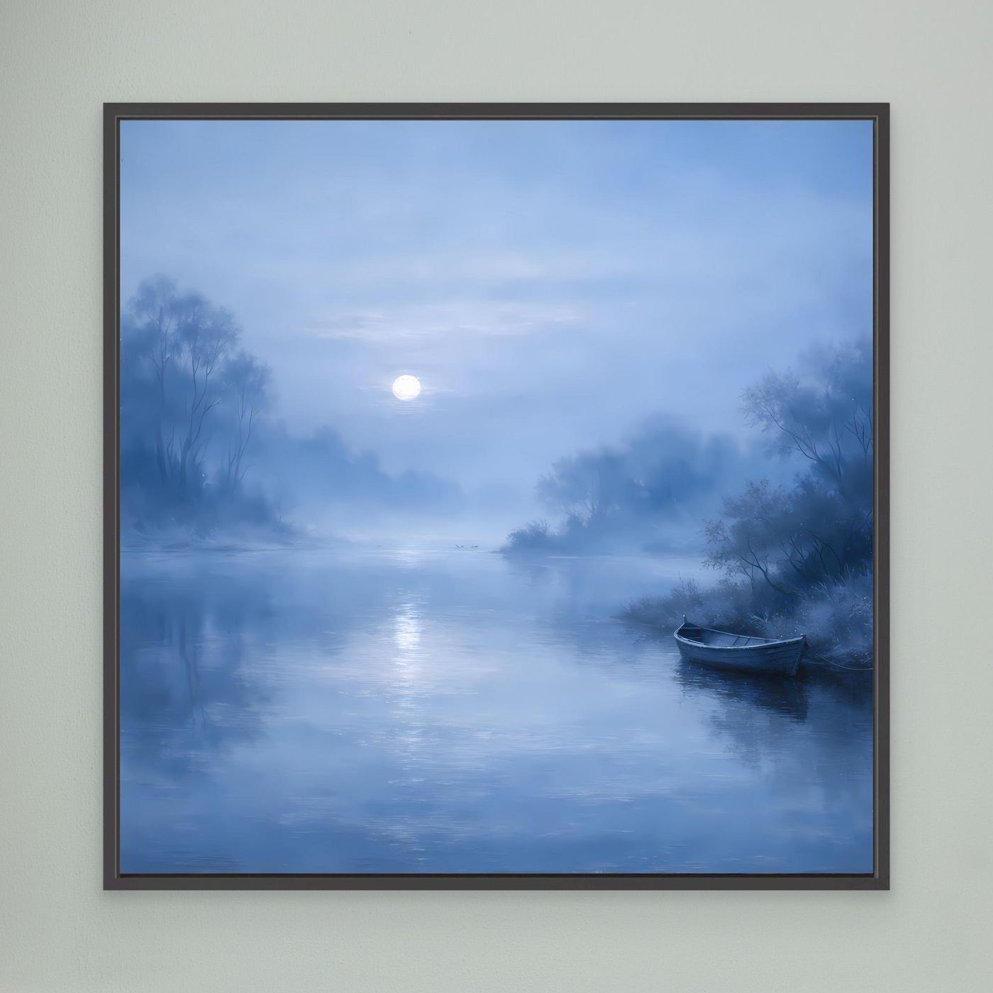 Blaues Leinwandbild mit Mondschein über dem Fluss und Boot, schwarzer Rahmen