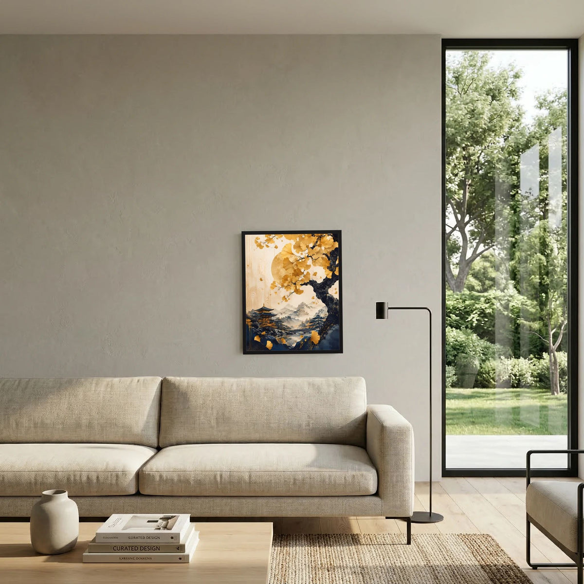 Wandbild im Hochformat mit Ginkgobaum, Pagode, Berglandschaft und Wasserlauf
