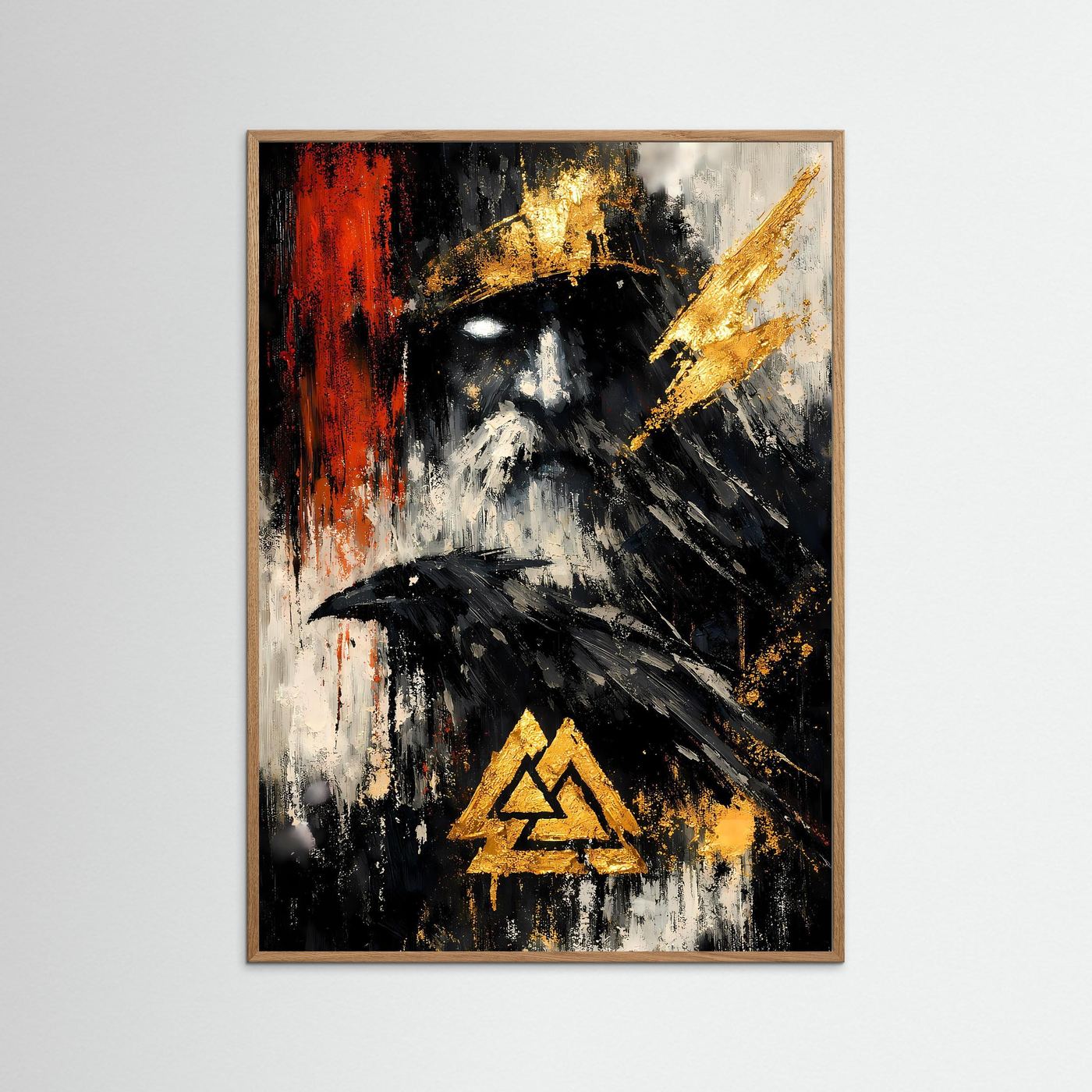 Abstraktes Nordisches Mythologie-Poster mit hellbraunem Holzrahmen: schwarzer Kopf, goldene Rune, rot
