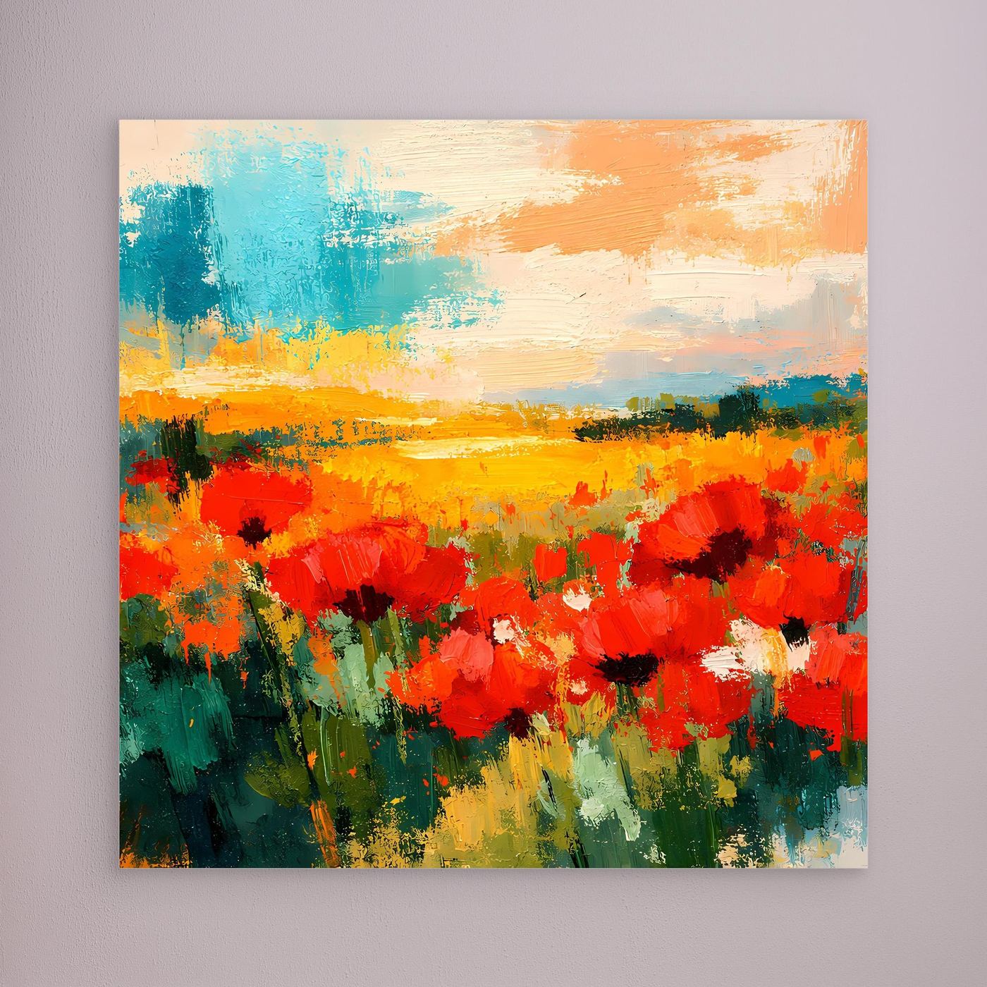 Abstract poppy field wall art with red flowers and orange horizon, unframed canvas