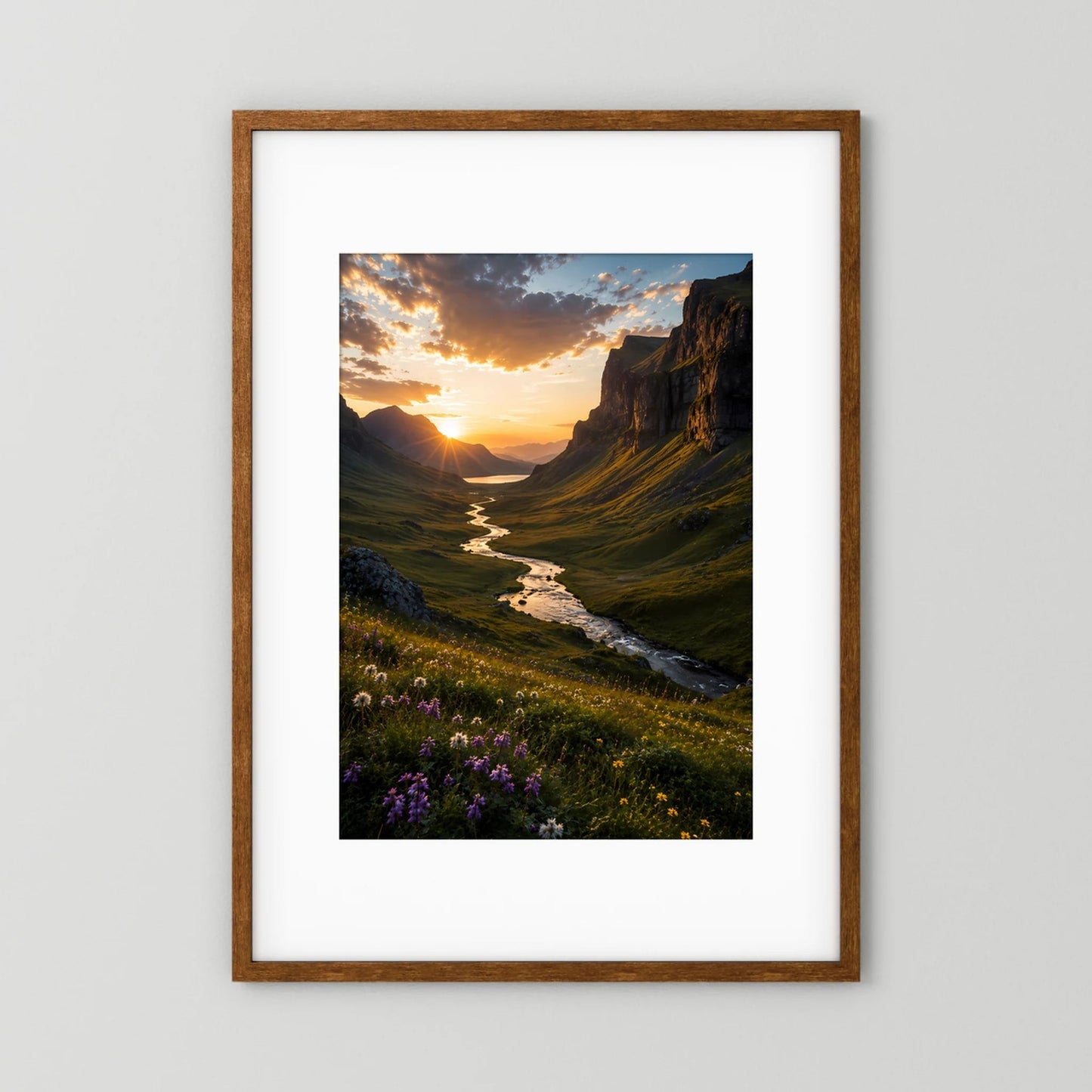 Poster im Hochformat, brauner Holzrahmen: Sonnenuntergang über Fluss zwischen Felsen