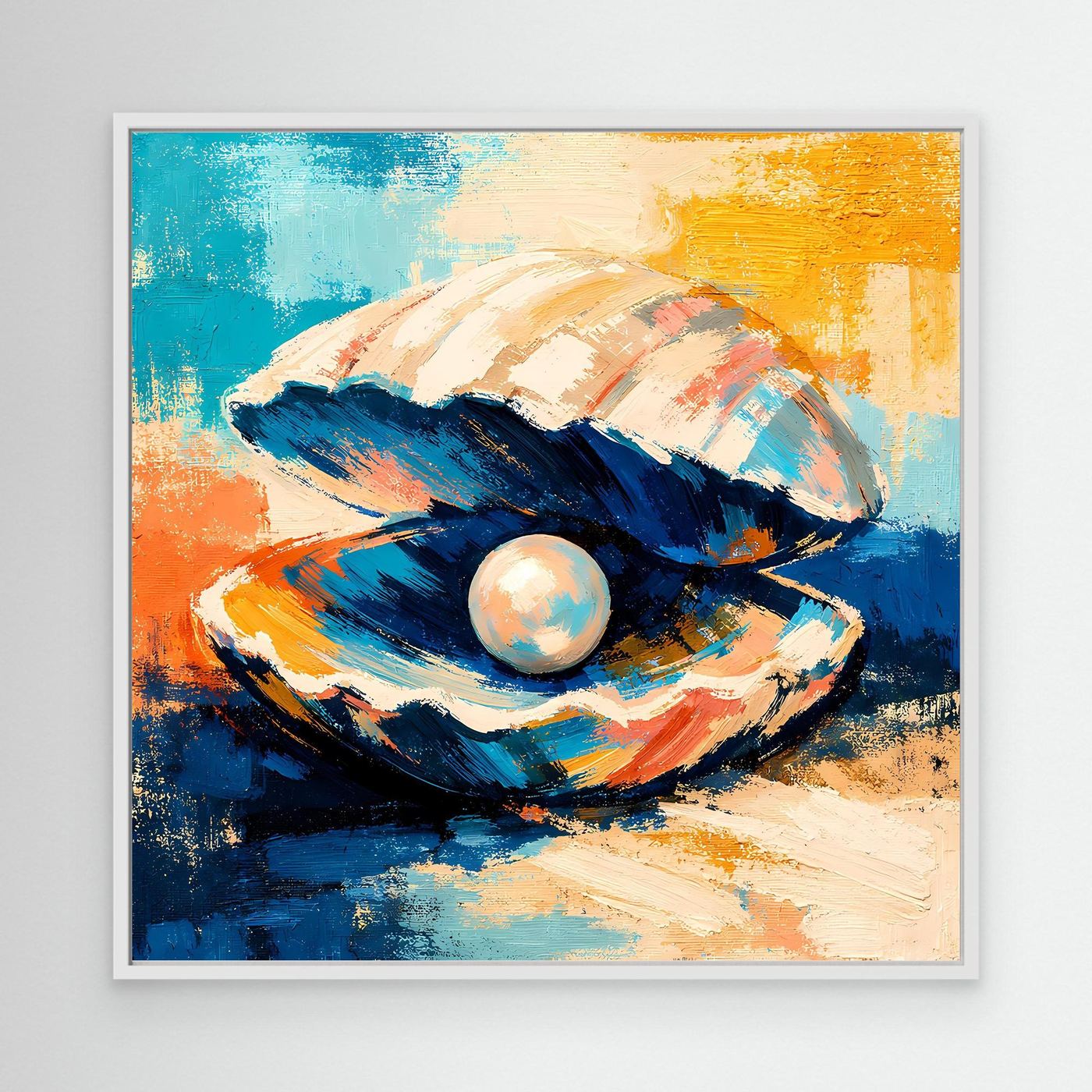 Abstract seashell canvas wall art with pearl, orange blue and white tones, white frame
