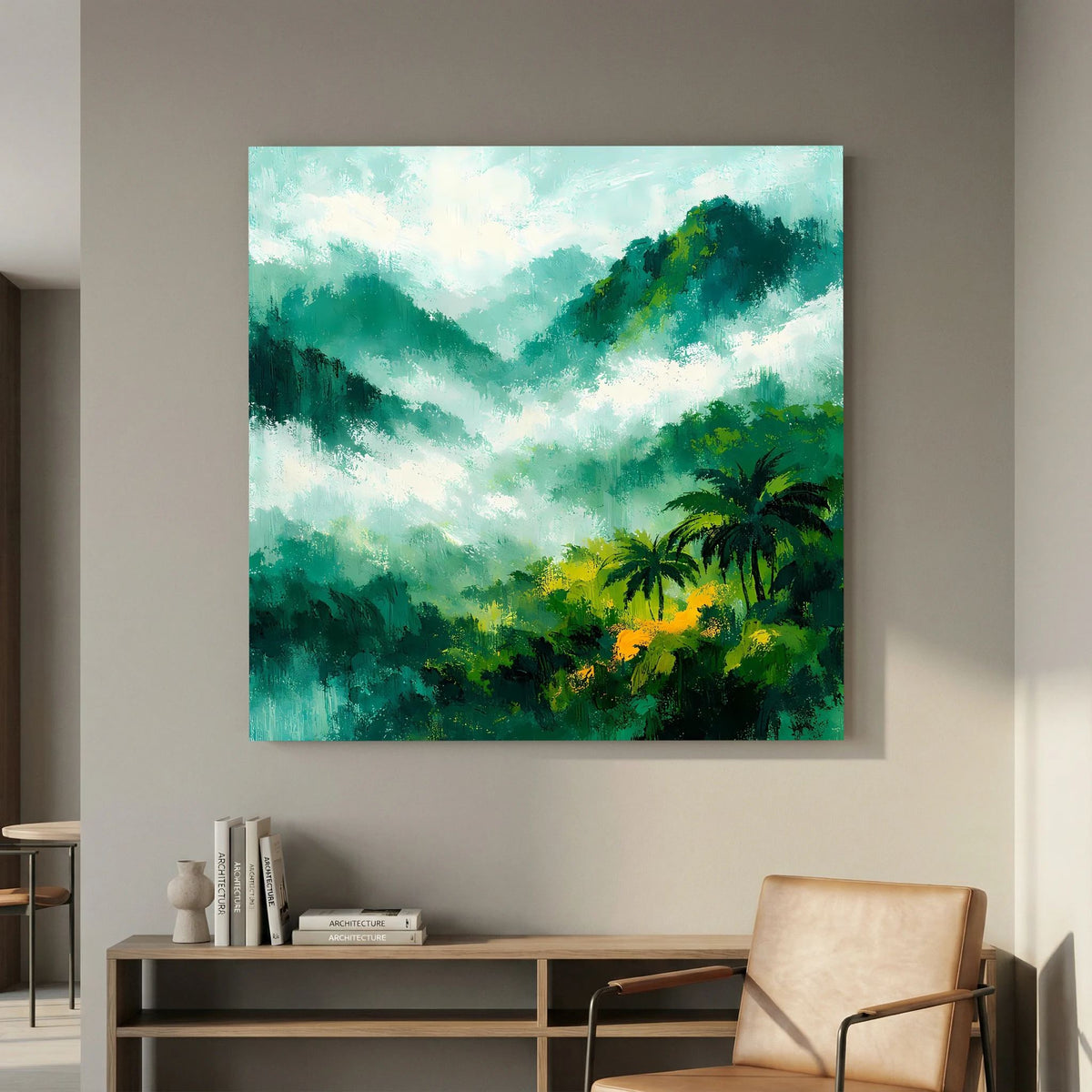 Quadratisches Leinwandbild mit abstrakter Tropenlandschaft: neblige Berge, Palmen