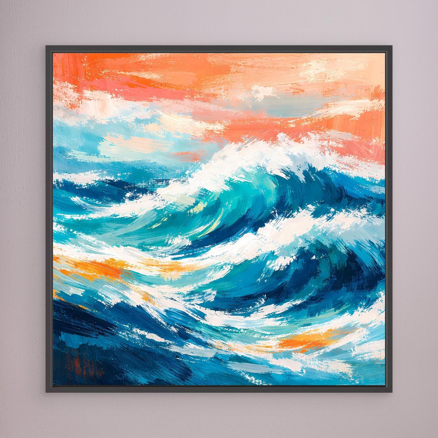 Abstraktes Leinwandbild mit türkisblauer Meereswelle und orangefarbenem Himmel, schwarzer Rahmen