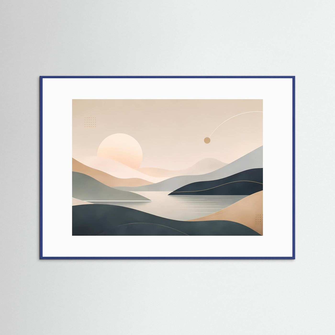 Querformat-Poster mit abstrakter Landschaft und Sonne in Beige und Blau, blauer Rahmen
