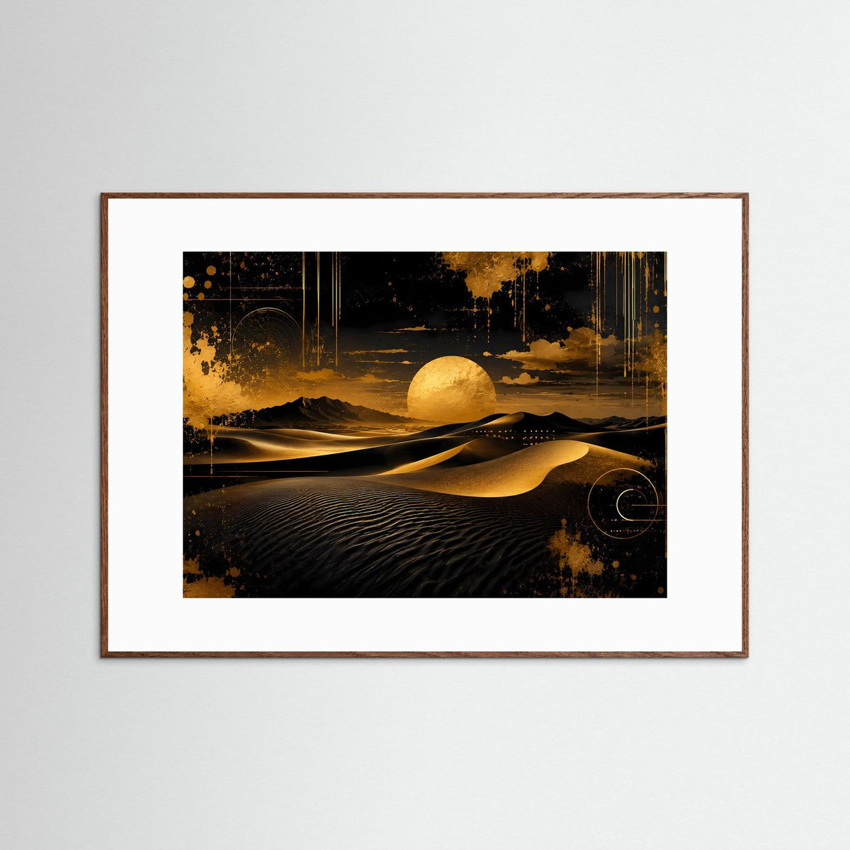 Poster im Querformat mit abstrakter Dünenlandschaft in Schwarz und Gold, brauner Rahmen