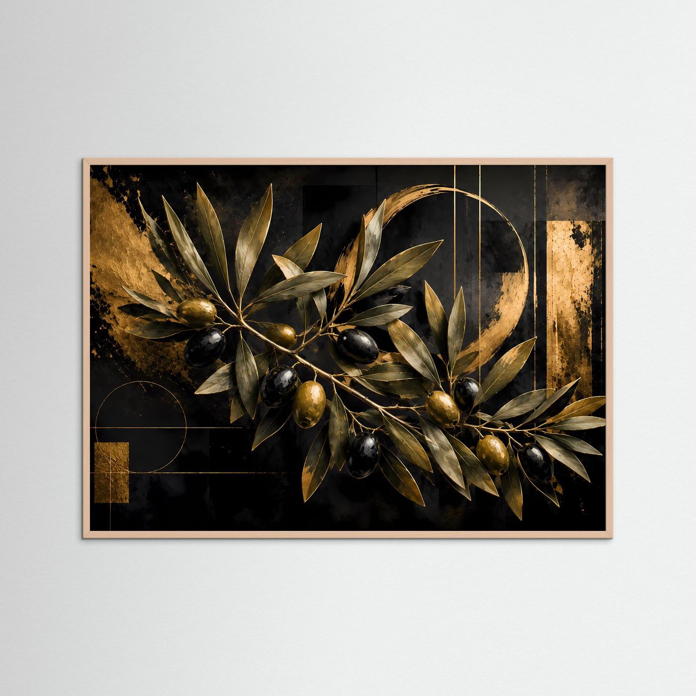Goldener Olivenzweig auf tiefschwarzem Hintergrund | Elegante Oliven mit metallischen Goldakzenten und geometrischen Formen | Luxuriöse mediterrane Botanik-Wandkunst im Querformat