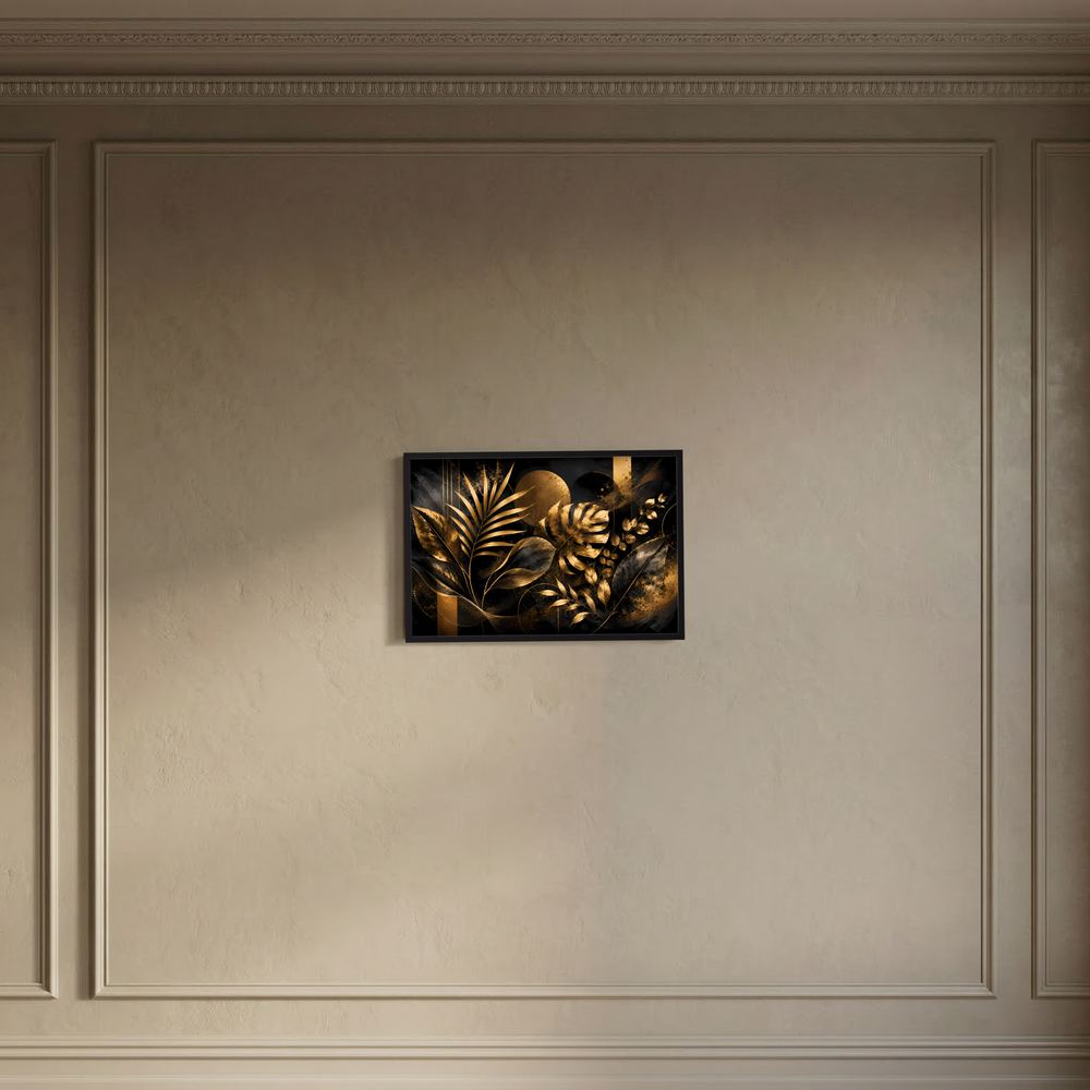 Gerahmtes Querformat-Poster mit tropischen Blättern in Schwarz und Gold