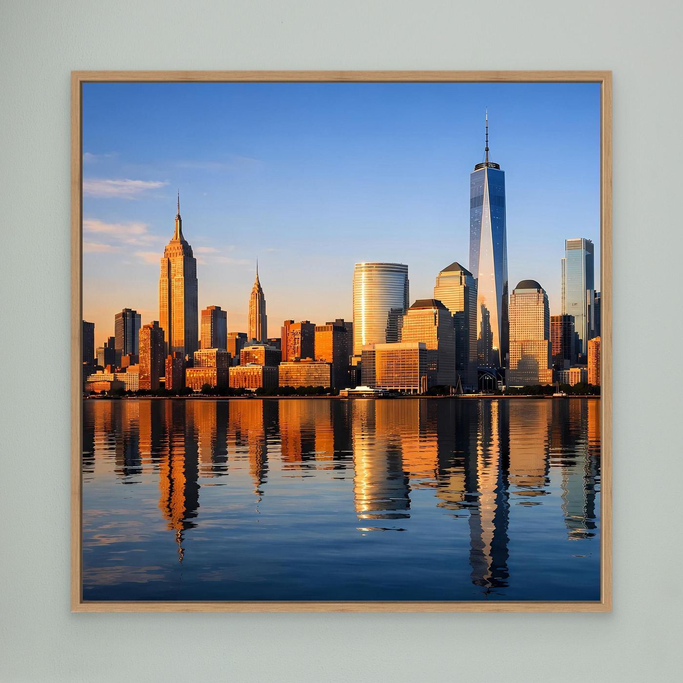 Leinwand-Wandbild im Eichenrahmen mit New-York-Skyline bei Sonnenuntergang und Wasserreflexion