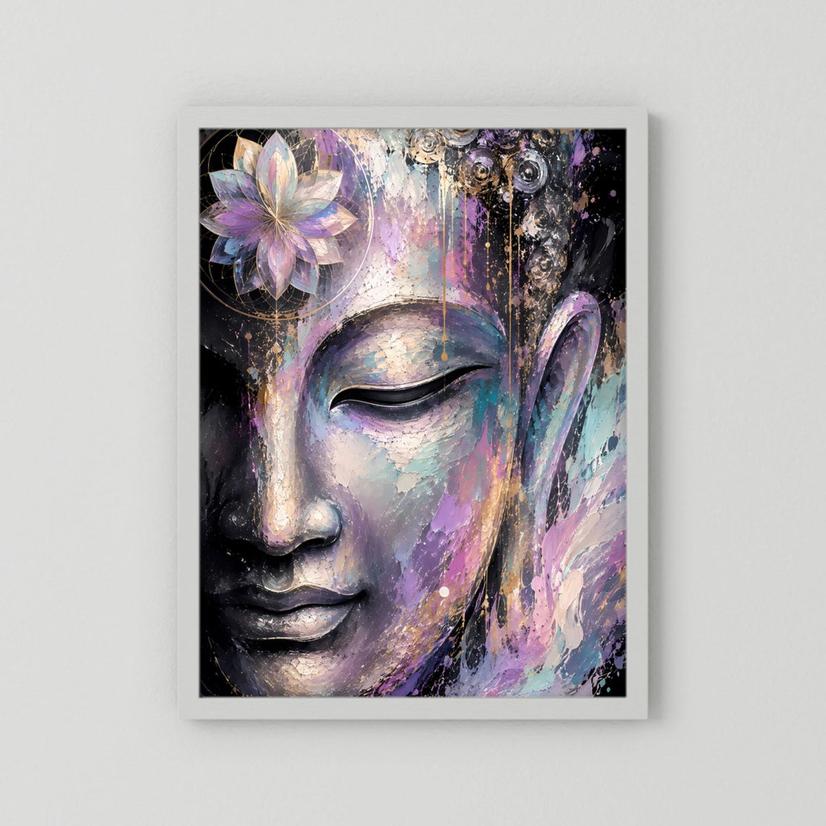Kunstposter ohne Rahmen mit abstraktem Buddha-Gesicht, Lotusblüte in Violett und Creme