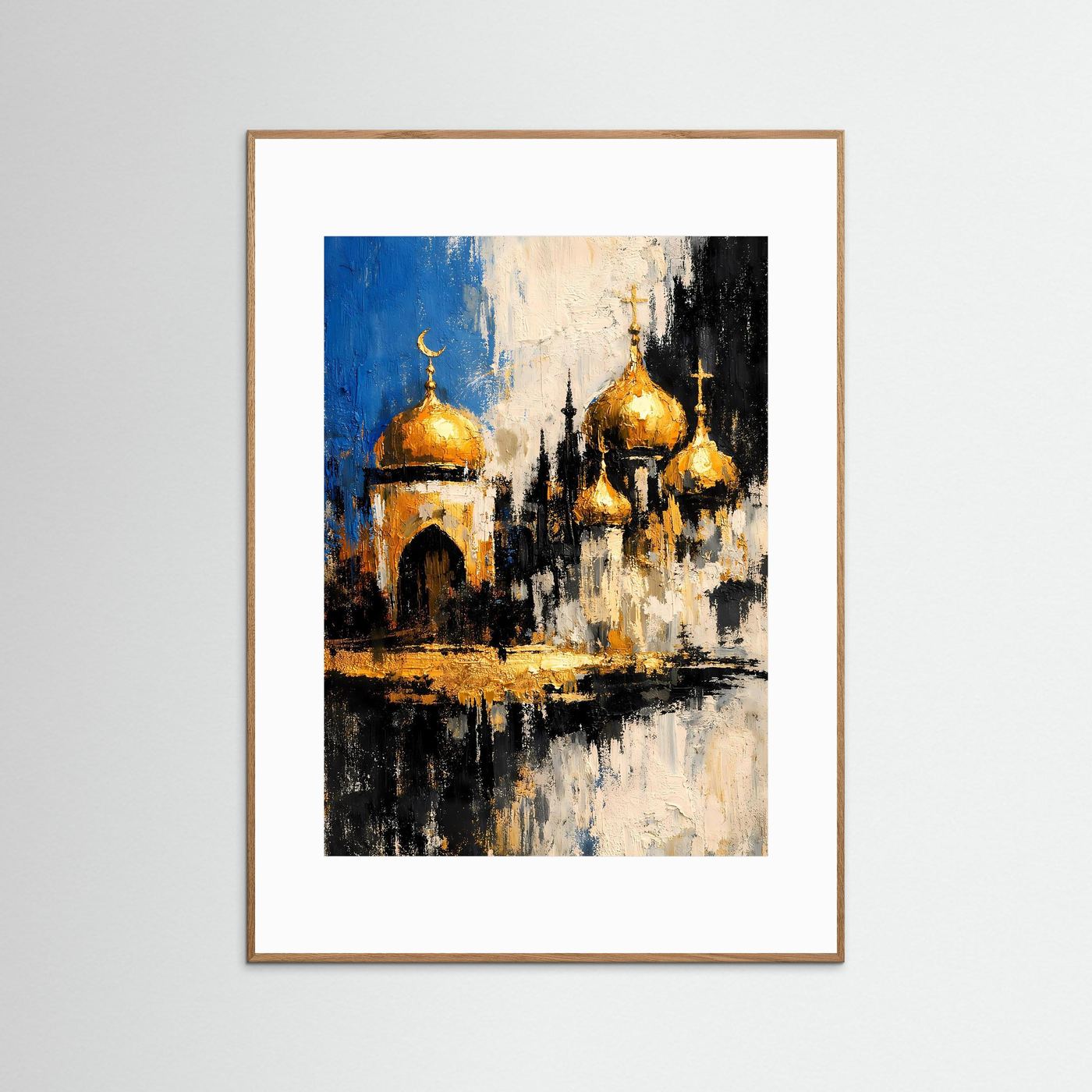 Hochformat-Poster im rosafarbenen Holzrahmen: abstrakte Stadt mit goldenen Kuppeln, Blau/Creme