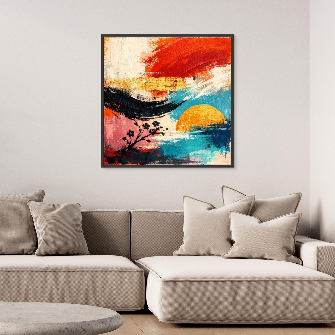 Leinwand-Wandbild mit abstrakter Kirschblütenlandschaft, roter und blauer Farbfläche, schwarzer Rahmen