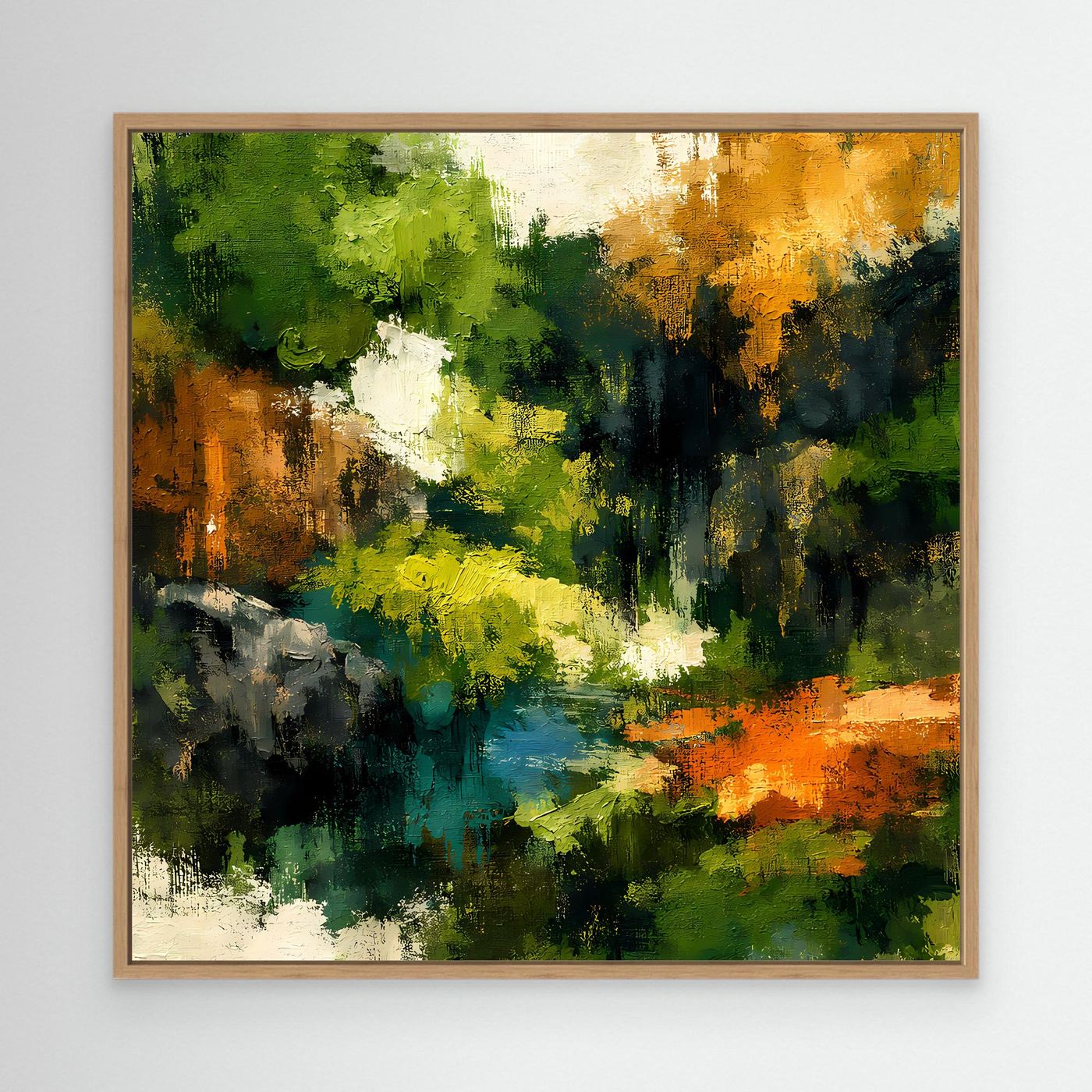 Leinwand-Wandbild mit Holzrahmen, abstrakter Waldlandschaft und Fluss: grün, gelb, orange