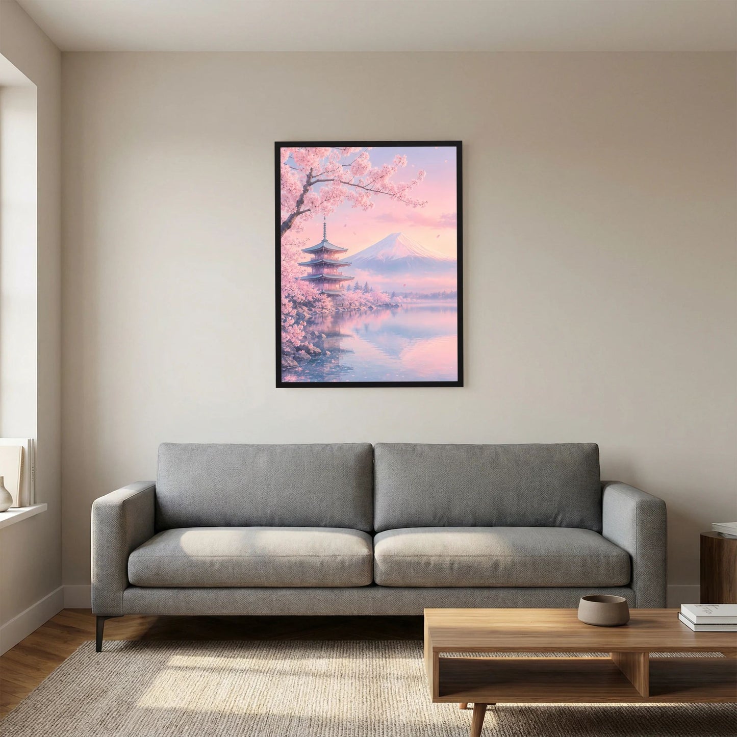 Hochformat-Poster mit Kirschblütenzweig, Fuji und Pagode in Pastellrosa, schwarz gerahmt