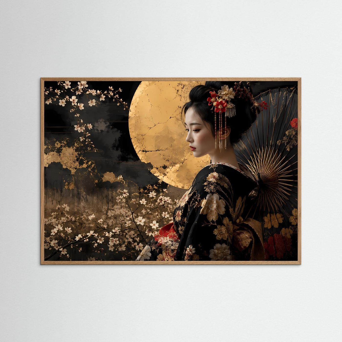 Elegante Geisha mit goldenem Vollmond | Japanische Kunst & Kimono Poster