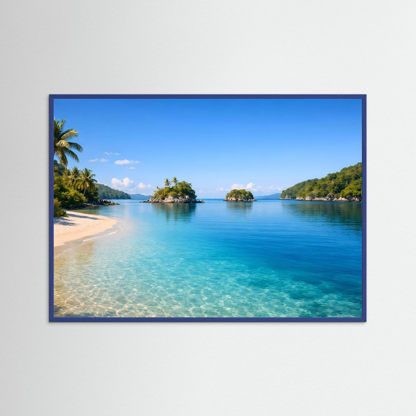 Strand-Poster im Querformat mit türkisblauem Wasser und blauem Rahmen