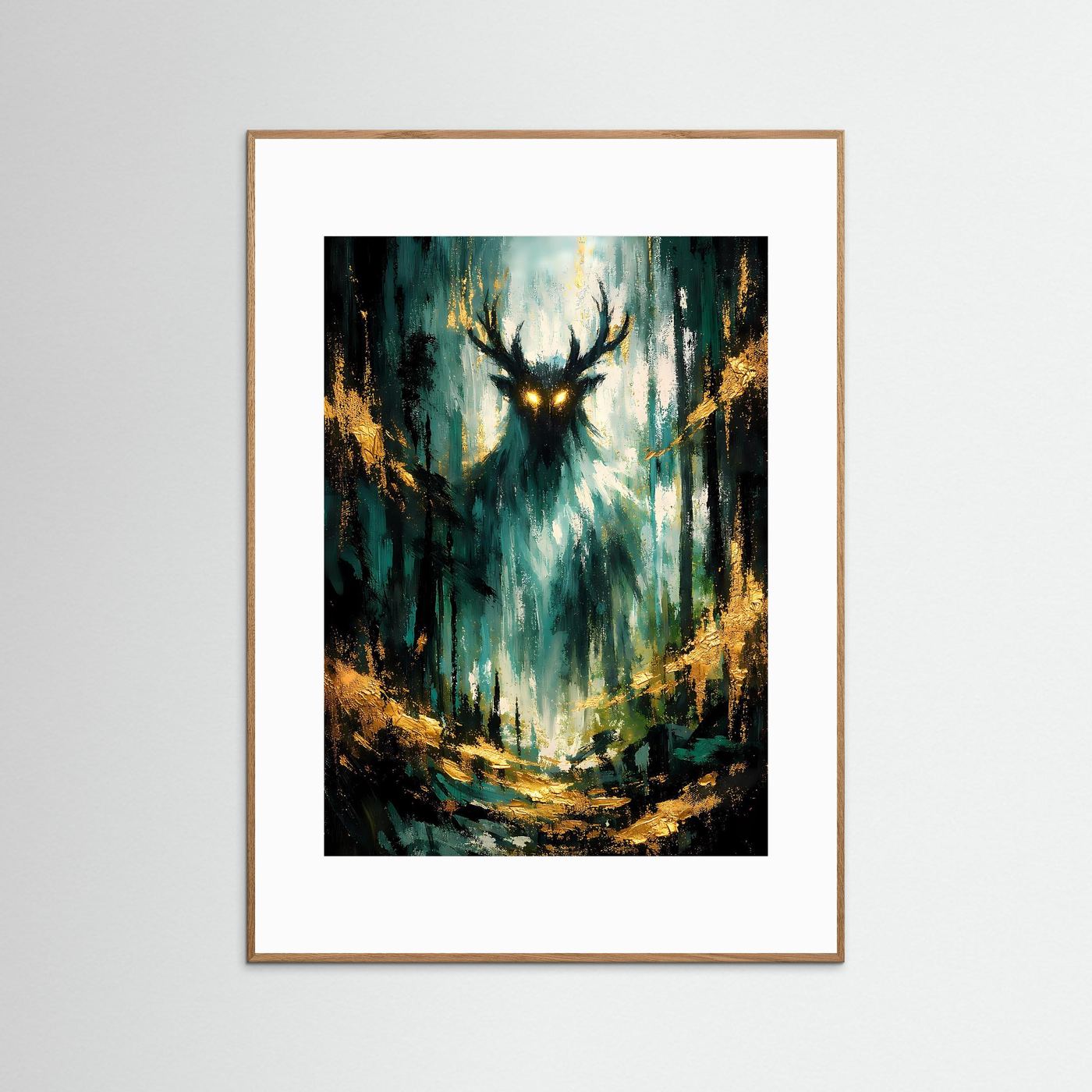 Hochformatiges Waldgeist-Kunstposter mit goldbraunem Holzrahmen und weißem Passepartout