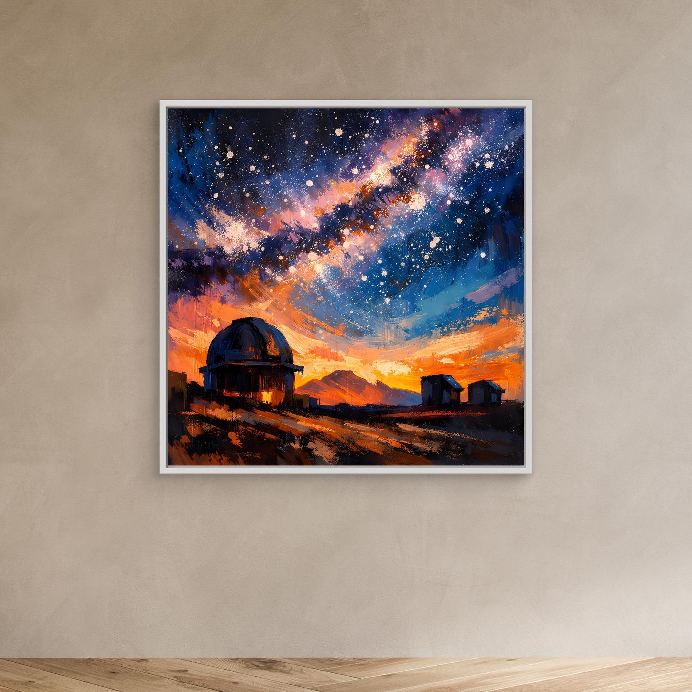 Leinwand-Wandbild im weißen Rahmen mit Sternenhimmel, Milchstraße und Sternwarte im Vordergrund