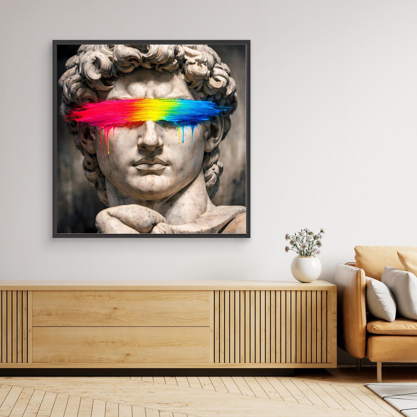 Leinwandbild David-Statue mit Regenbogen-Farbbalken, schwarzer Rahmen