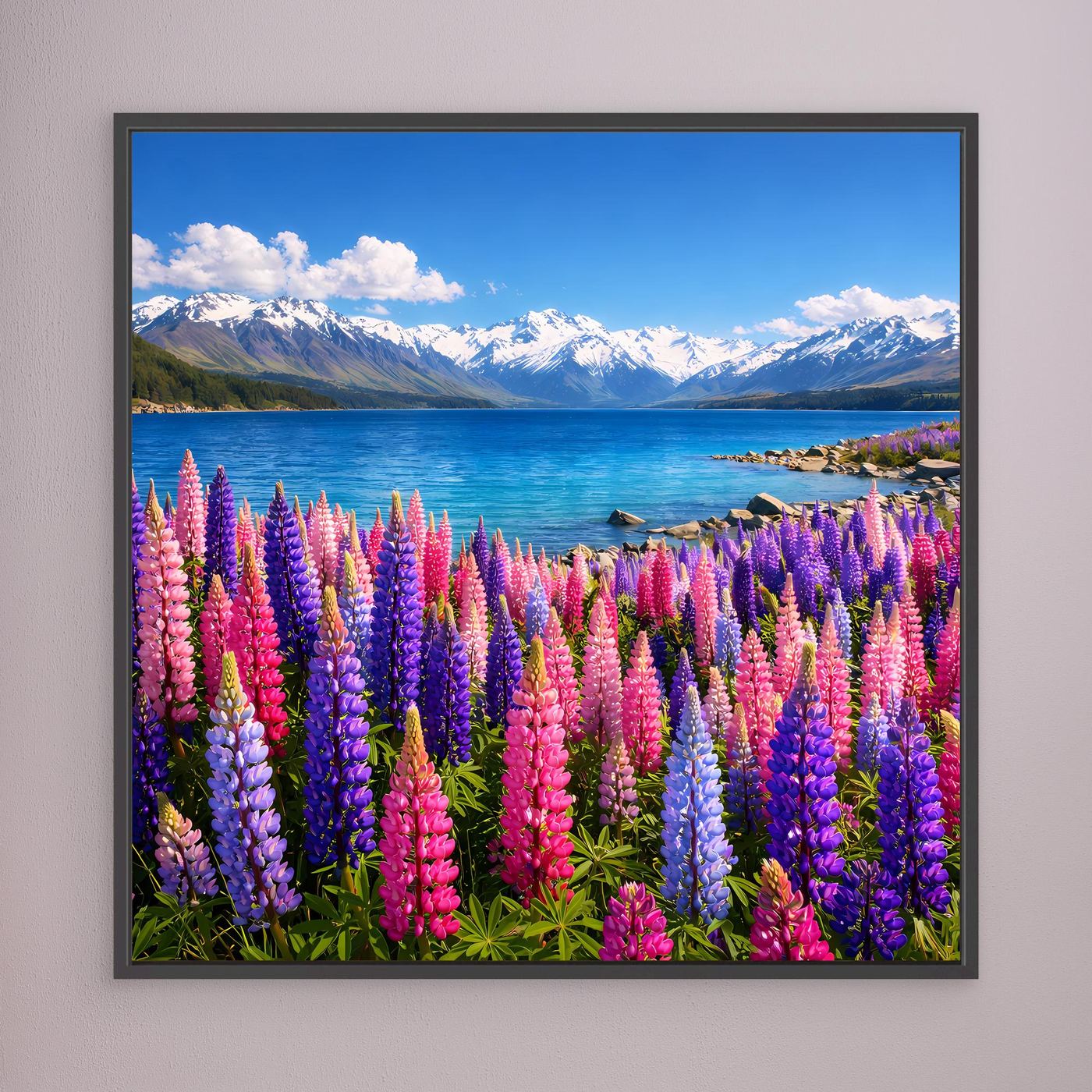 Leinwandbild mit bunten Lupinen am Bergsee, dunkel gerahmt