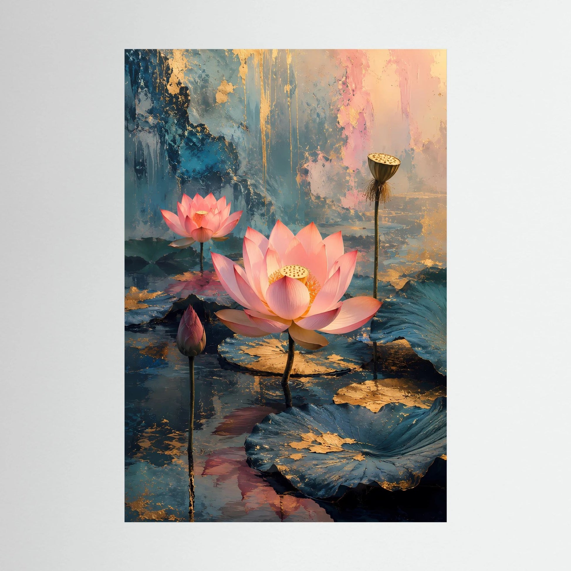 Hochformat-Poster mit rosa Lotusblüten und goldenen Akzenten in abstraktem Wasser (ohne Rahmen)