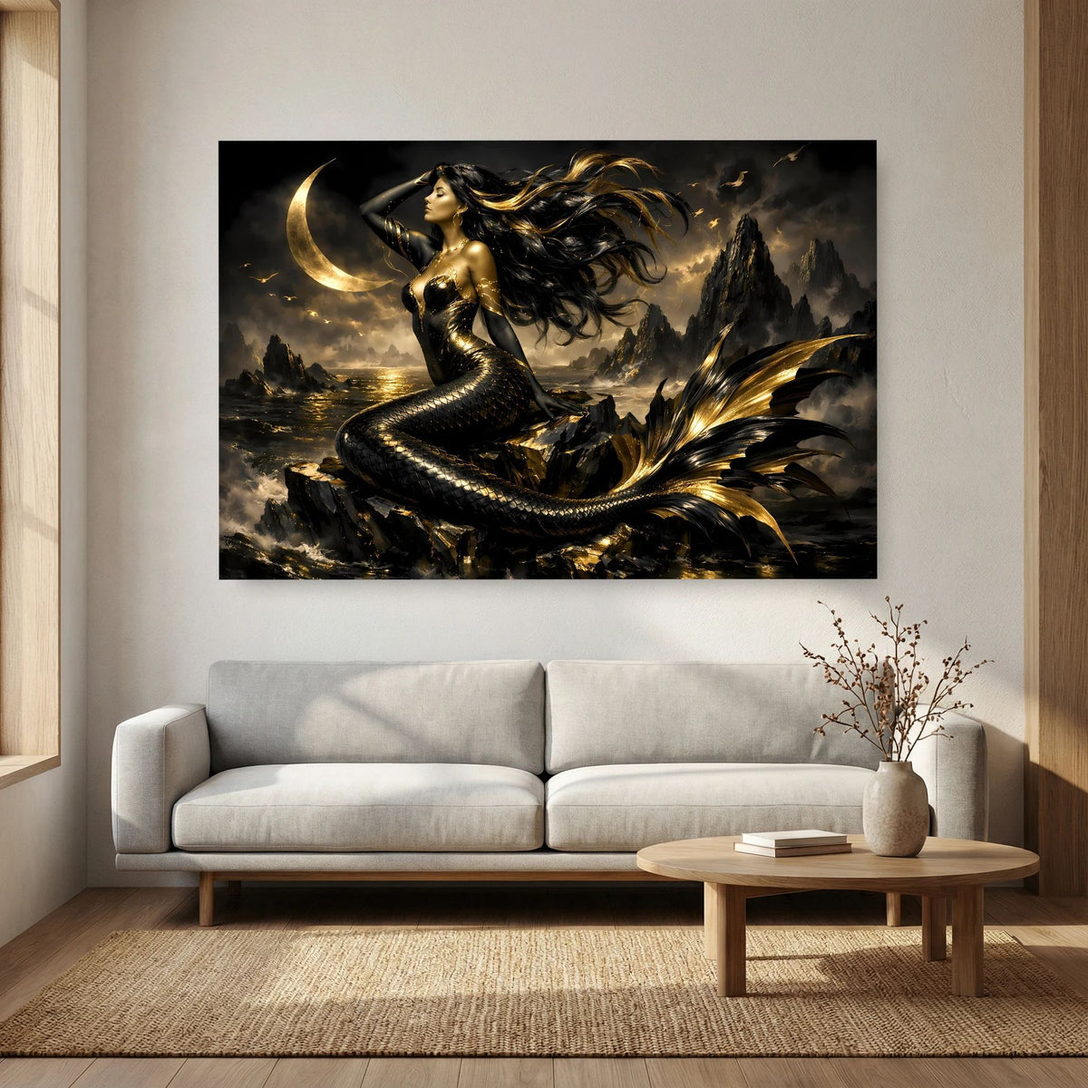 Fantasy-Wandbild querformat mit Meerjungfrau, Mondscheibe und goldenen Schatten auf dunkler Küste