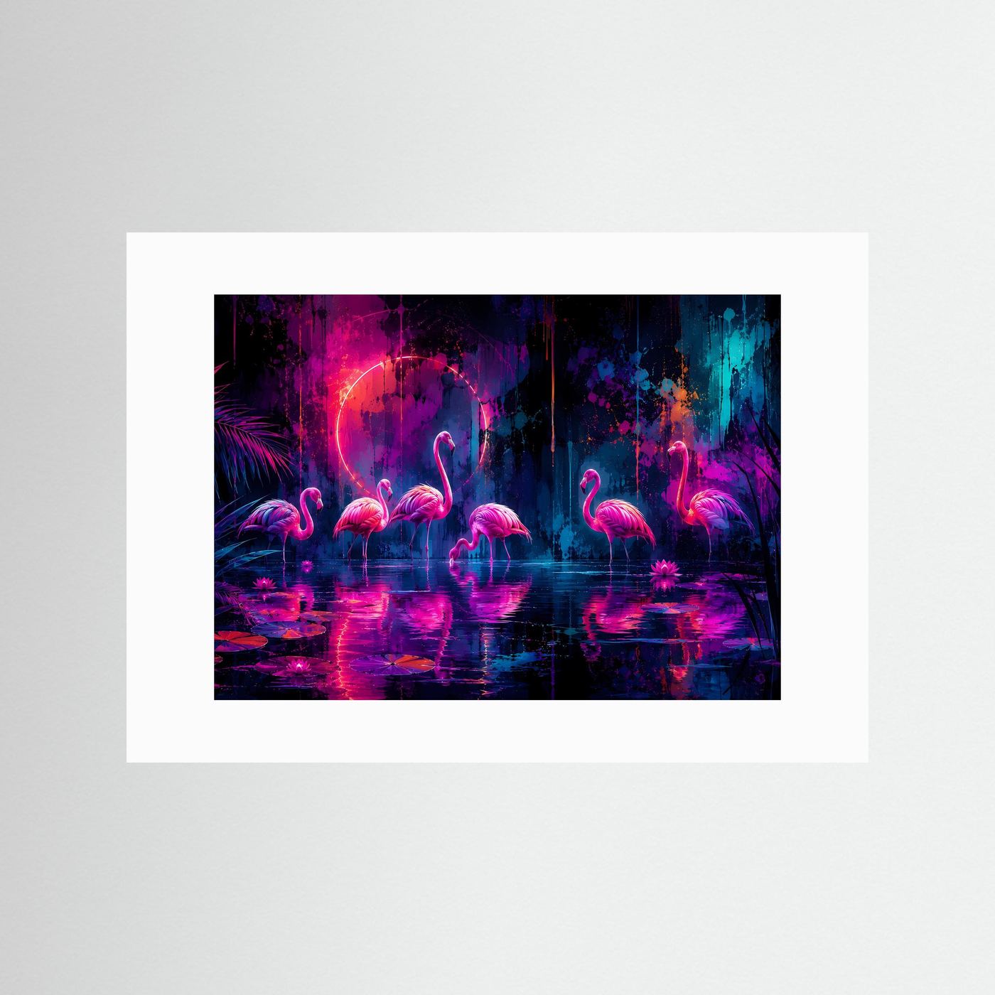 Neon Flamingos Poster | Magische Tropische Nacht in Pink Blau Fantasy Wandbild Querformat