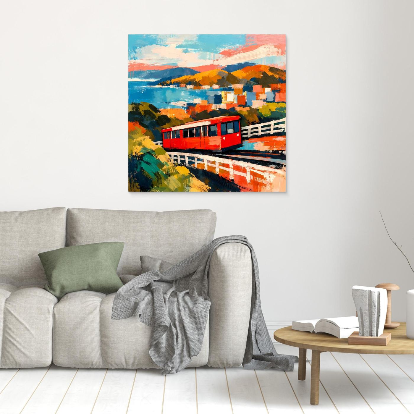 Kleines Wandbild mit roter Seilbahn, farbigen Bergen und Meer im abstrakten Stil