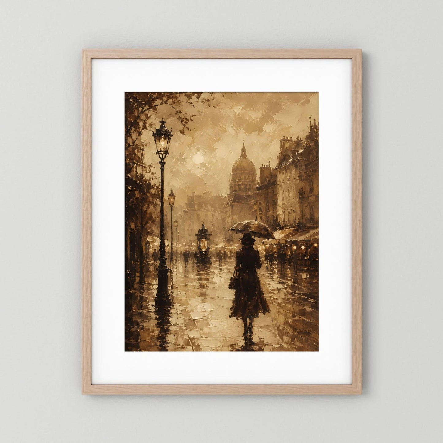 Hochformatiger Vintage-Poster mit hellem Holzrahmen und sepia Straßenszene: Frau mit Schirm