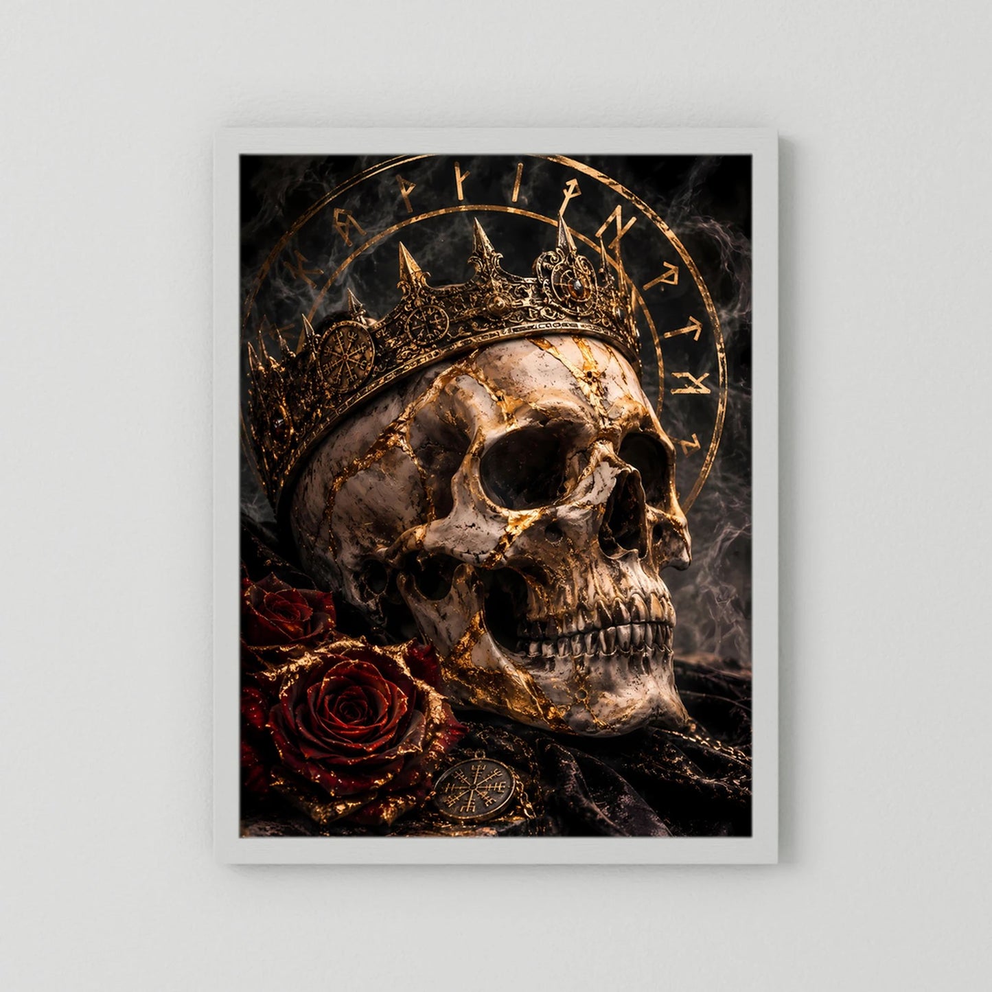 Hochformat-Poster mit Totenkopf, goldener Krone, roter Rose und Runenkreis, weißer Rand
