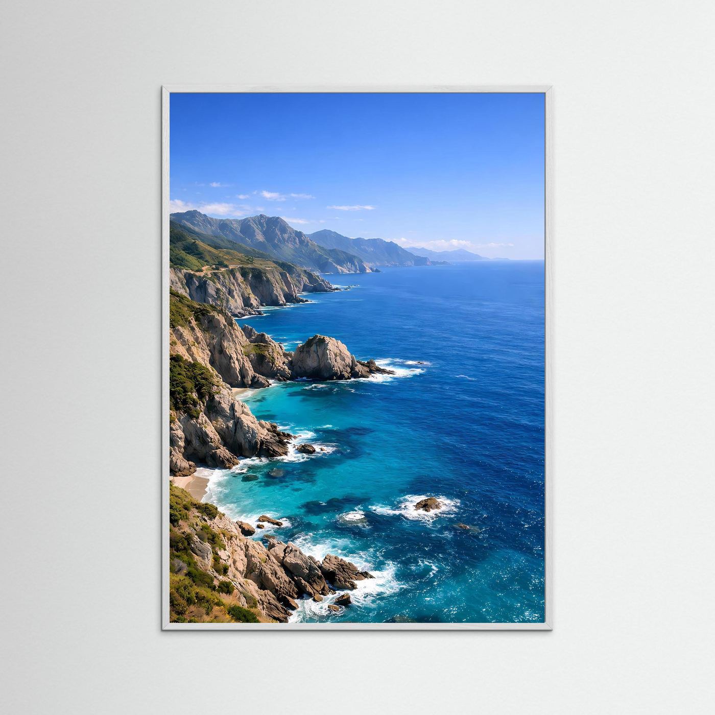 Meeresküsten-Poster im Hochformat mit türkisblauem Wasser, Felsen und weißem Holzrahmen