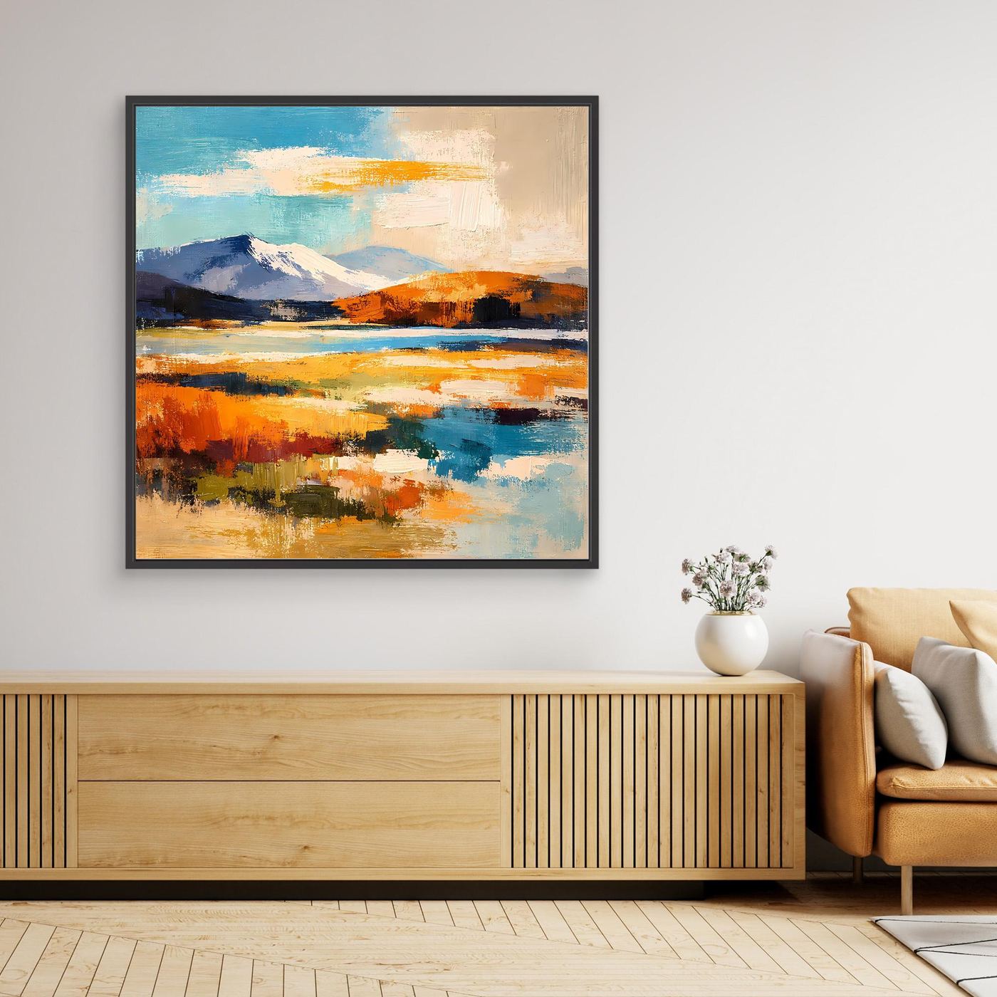 Abstraktes Leinwand-Wandbild mit Bergen, türkis/orange Farbflächen, schwarzer Rahmen