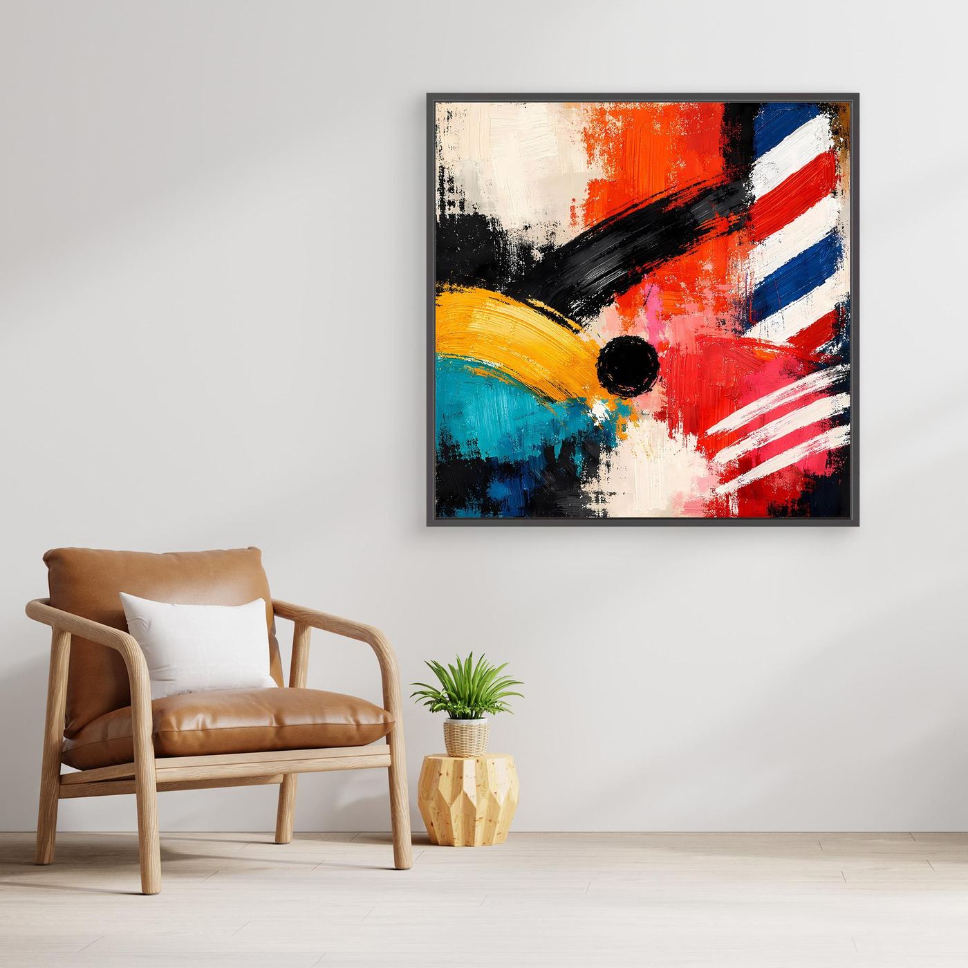 Abstract canvas wall art with dark frame, red blue yellow strokes, and black circle