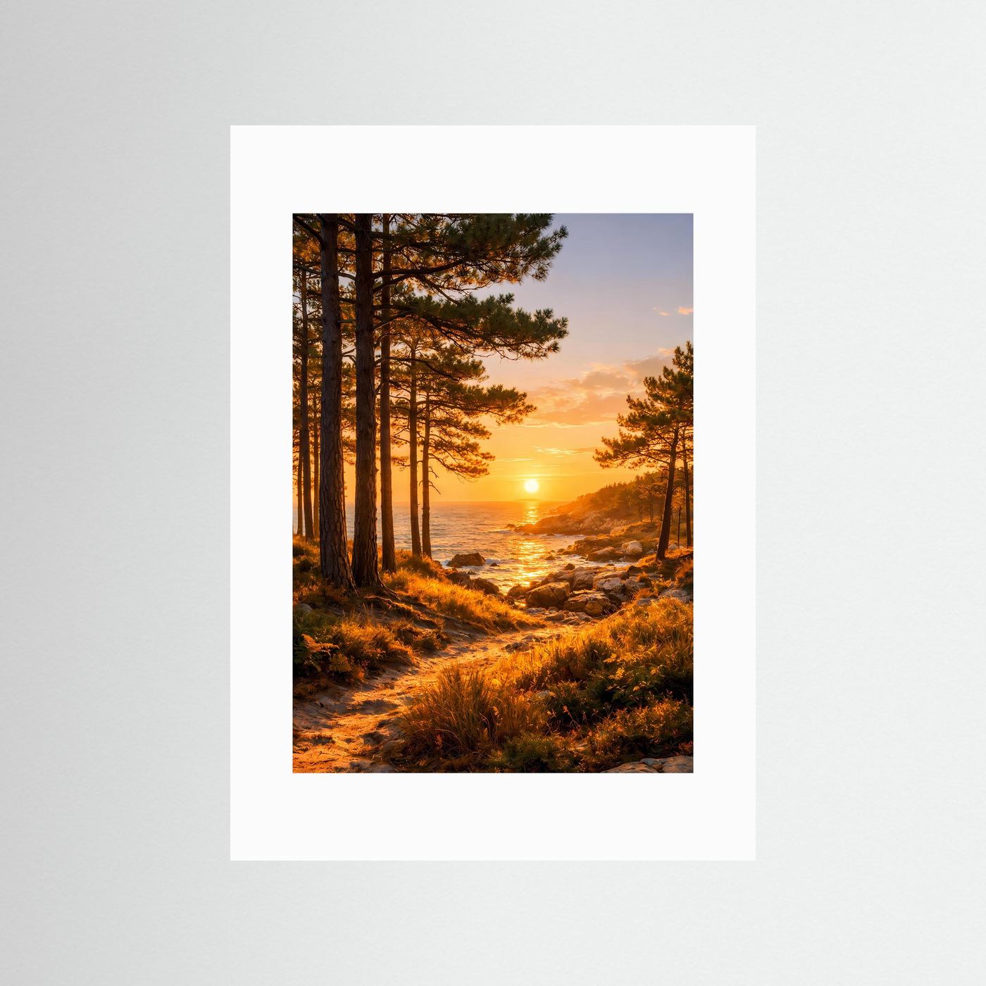 Küstenposter im Hochformat mit Pinienallee, Sonnenuntergang und Meer, mit weißem Passepartout.